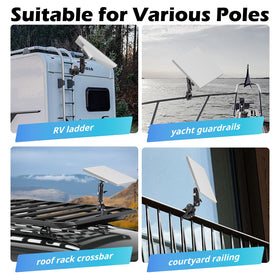 UBeesize Starlink Mini Mount on roof rack for versatile outdoor mounting on boats and trailers.
