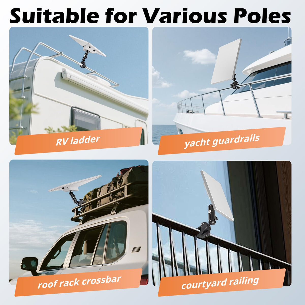 UBeesize Starlink Mini pole compatibility image highlights 0.6 to 1.57 inch poles.