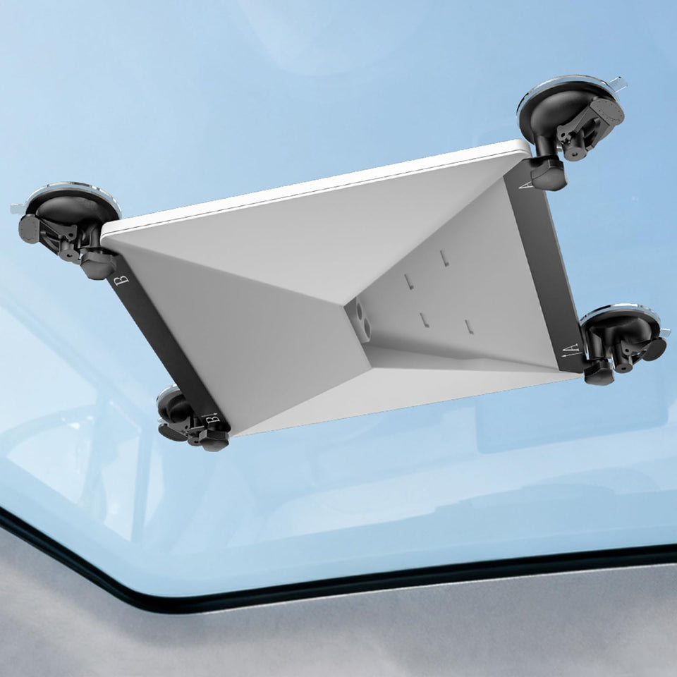 UBeesize Starlink Mini suction mount on car window showing firm hold and stability.