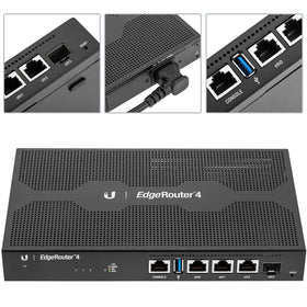 Ubiquiti EdgeRouter 4 back ports highlight versatile Ethernet, SFP, and serial connections.