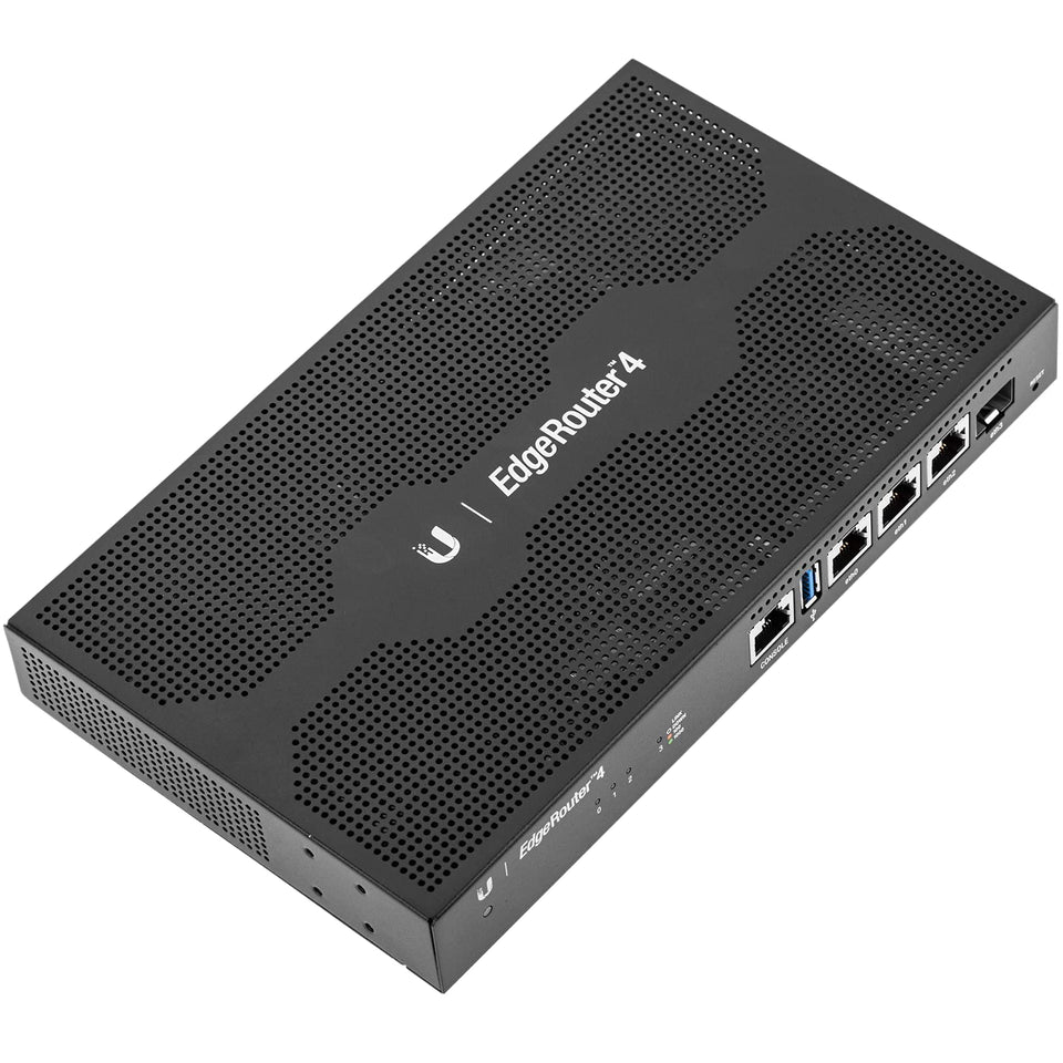 Ubiquiti EdgeRouter 4 front view shows compact design ideal for small desks.