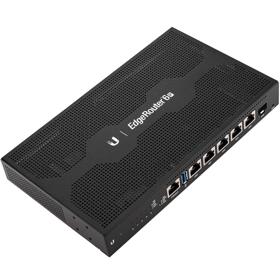 Ubiquiti ER-6P router front view showing compact, fanless design ideal for quiet offices