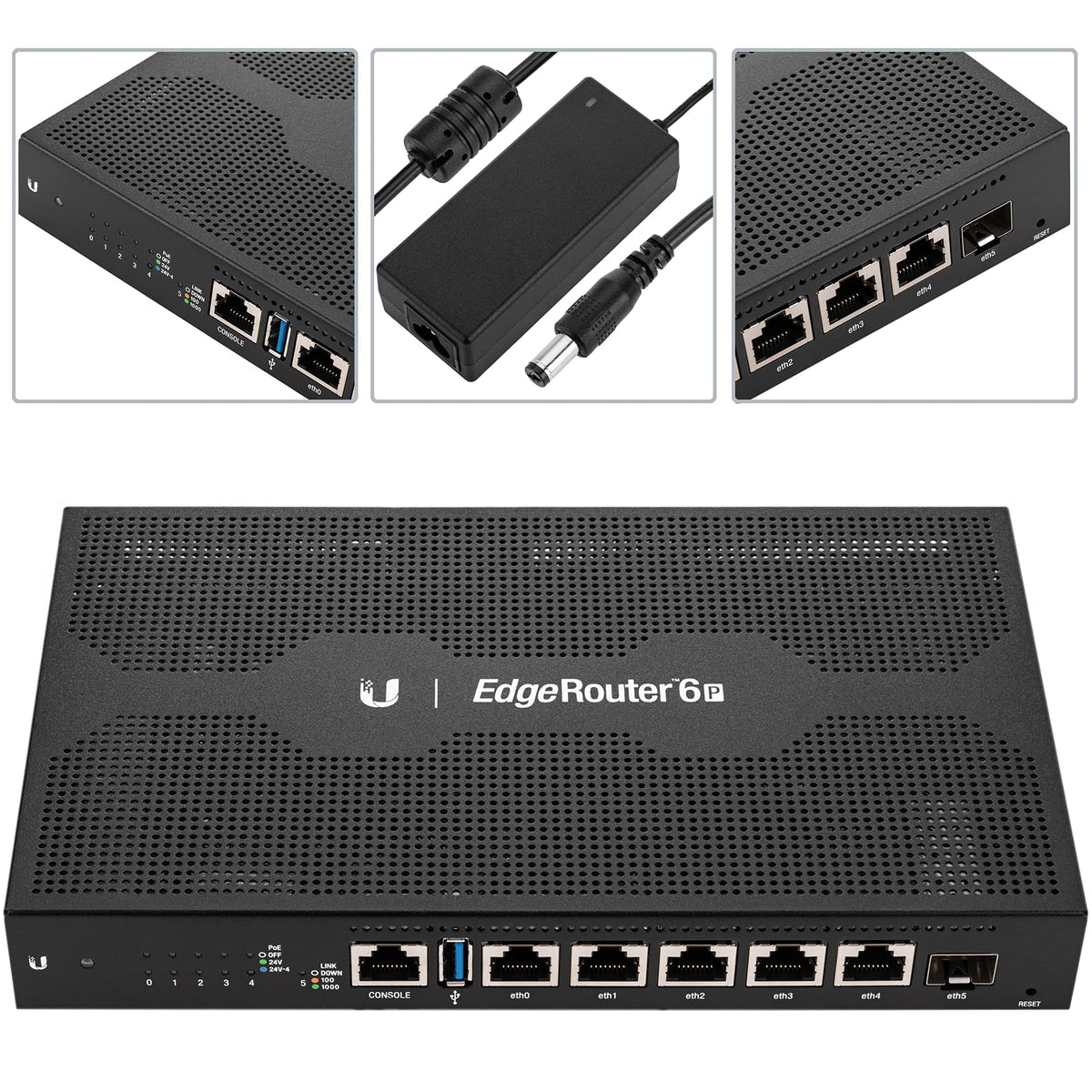 Ubiquiti ER-6P router ports side highlights five RJ45 ports for flexible PoE networking