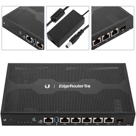 Ubiquiti ER-6P router ports side highlights five RJ45 ports for flexible PoE networking