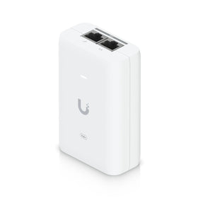 Ubiquiti PoE+ adapter front view showing ports and white housing for reliable power