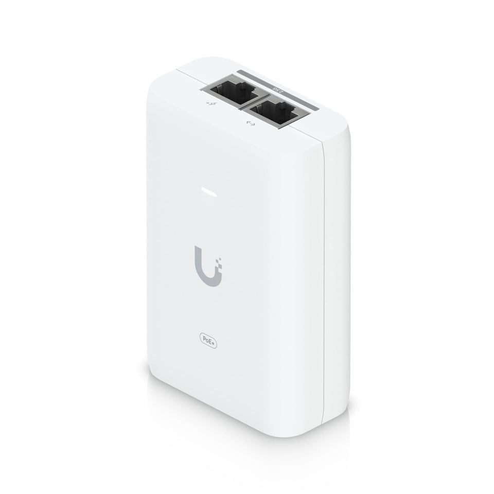 Ubiquiti PoE+ adapter front view showing ports and white housing for reliable power
