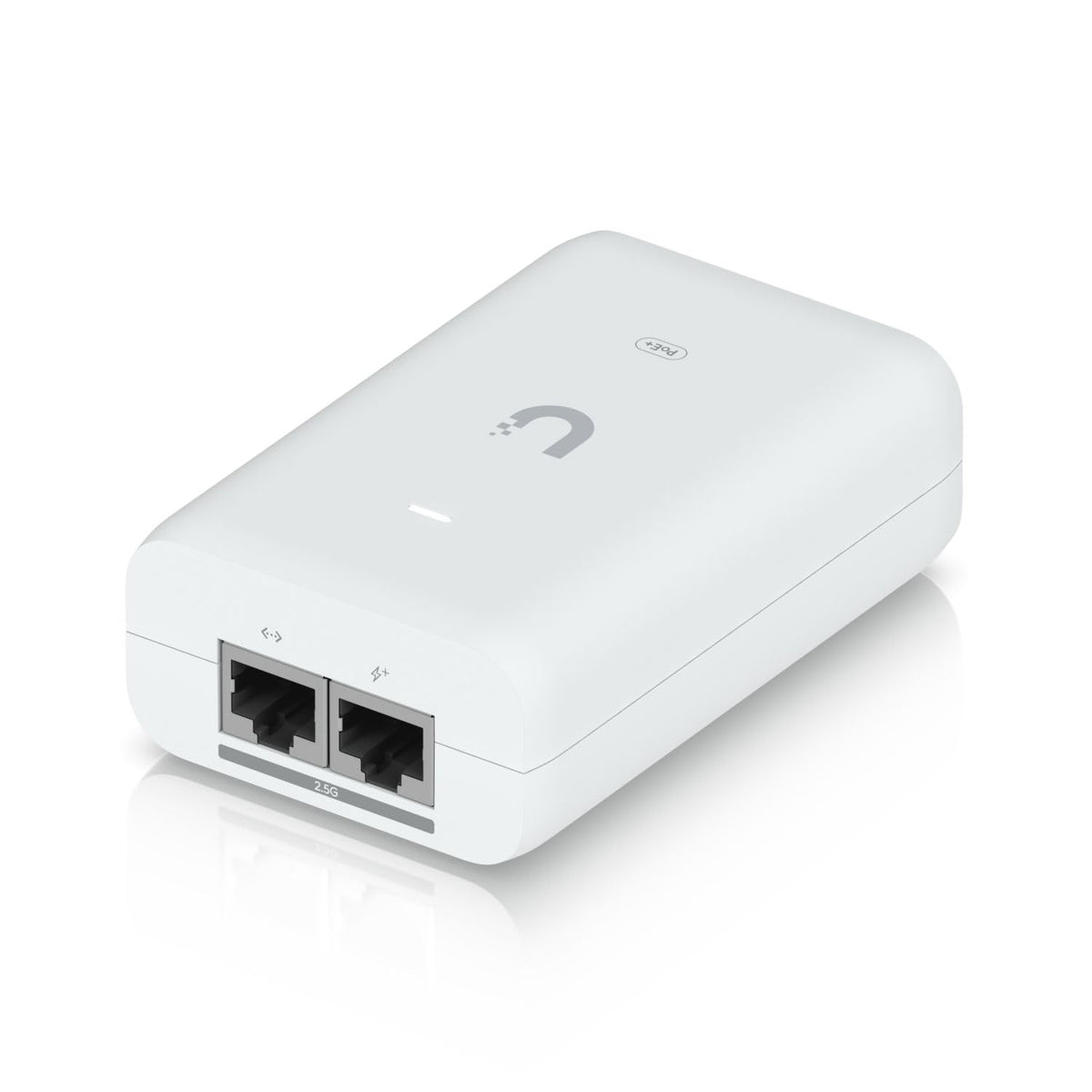 Ubiquiti PoE+ adapter label and specifications badge ensuring certified, efficient operation