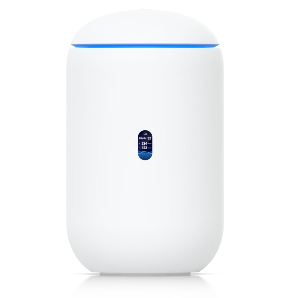 Ubiquiti UDR7 front panel with ports and LEDs for quick setup and status.