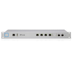 Ubiquiti USG-PRO-4 back ports showing 4 Gigabit and 2 SFP connections for fiber