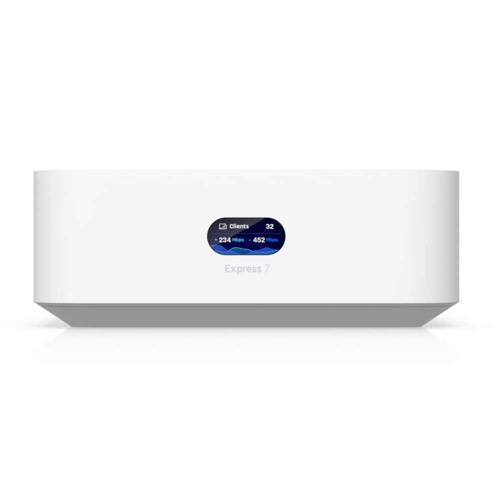 Ubiquiti UniFi UX7 gateway front view for compact, scalable network deployment.