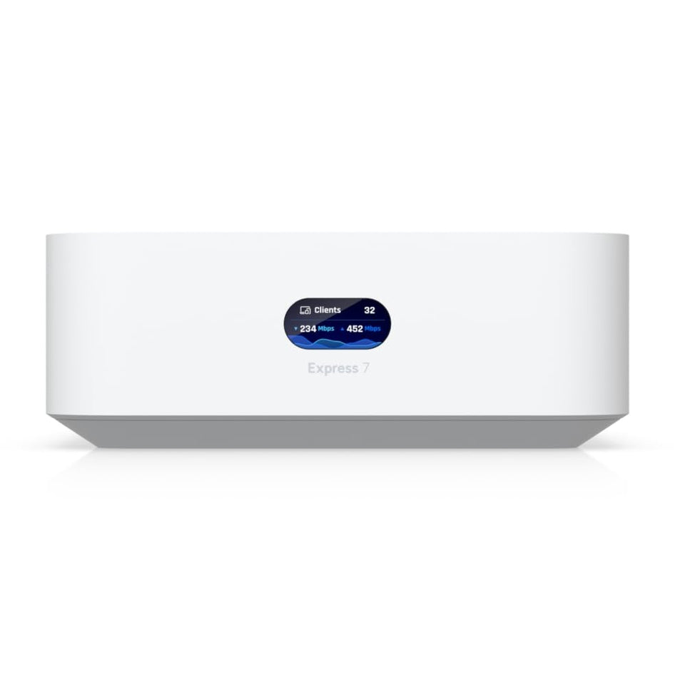 Ubiquiti UniFi UX7 gateway front view for compact, scalable network deployment.