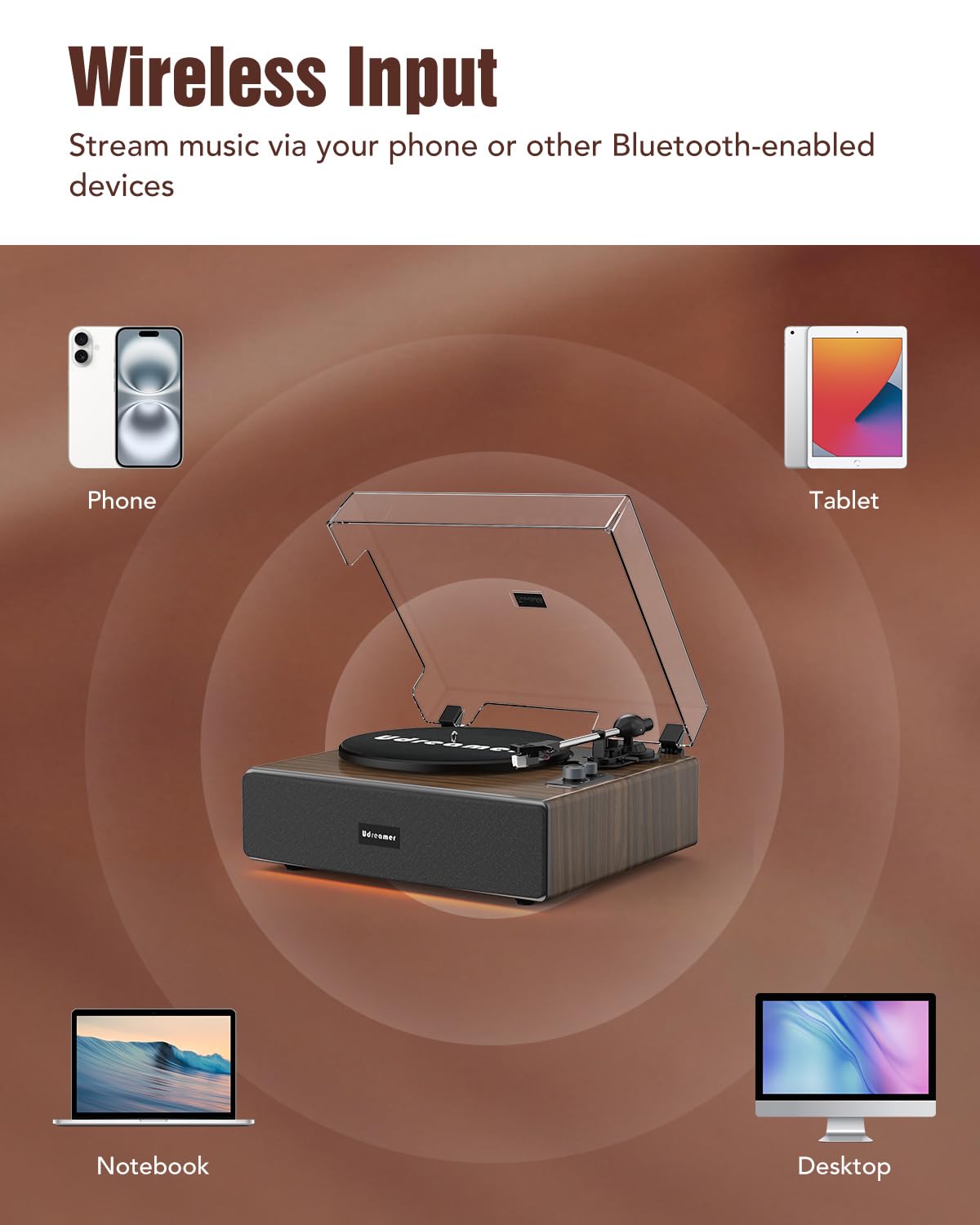 Udreamer all-in-one turntable with built-in speakers delivers rich, balanced sound.