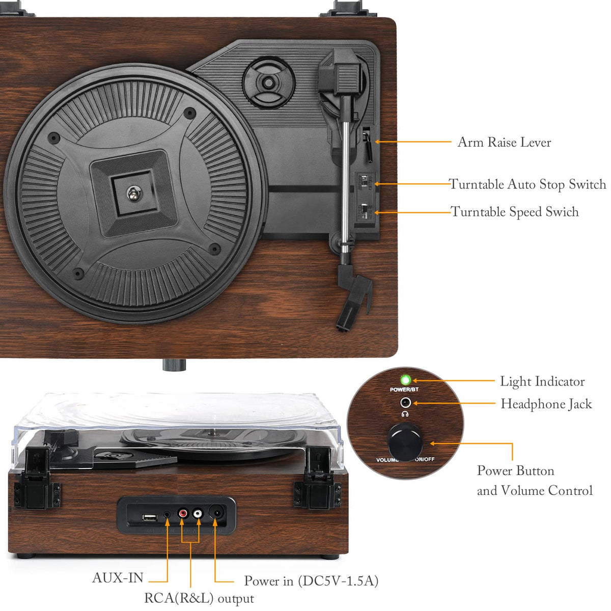 Udreamer aux and headphone jack view showing private listening and device hookup