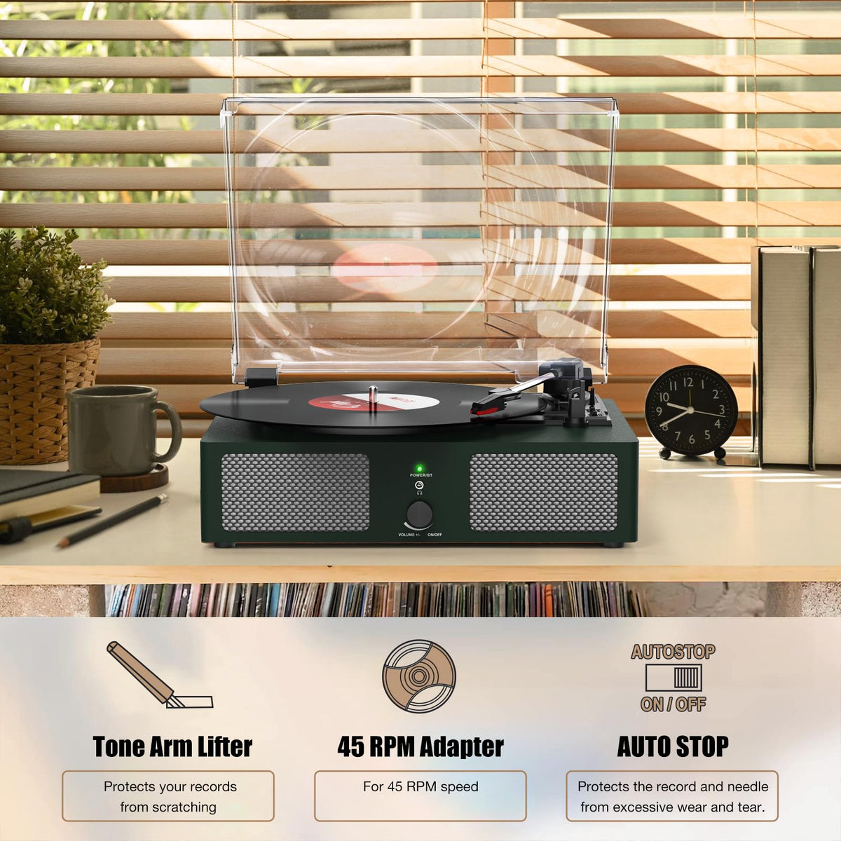 Udreamer with detachable dust cover open, keeping records clean and reducing surface contaminants