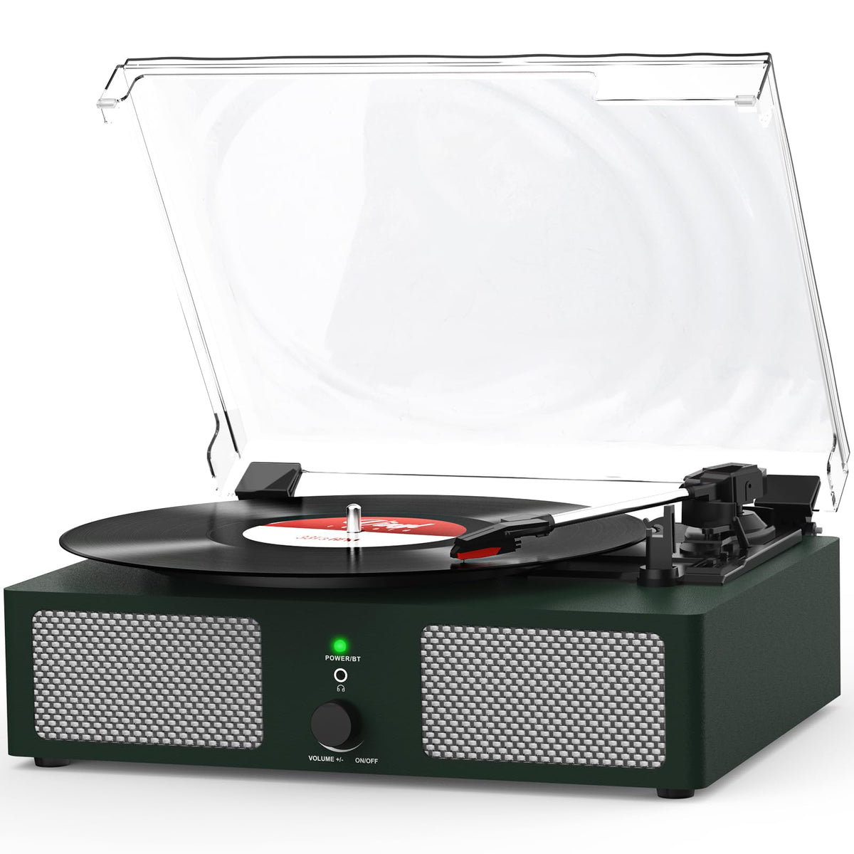 Udreamer turntable front view showing dark green wood finish and vintage style, great for home decor