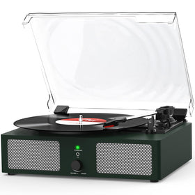 Udreamer turntable front view showing dark green wood finish and vintage style, great for home decor