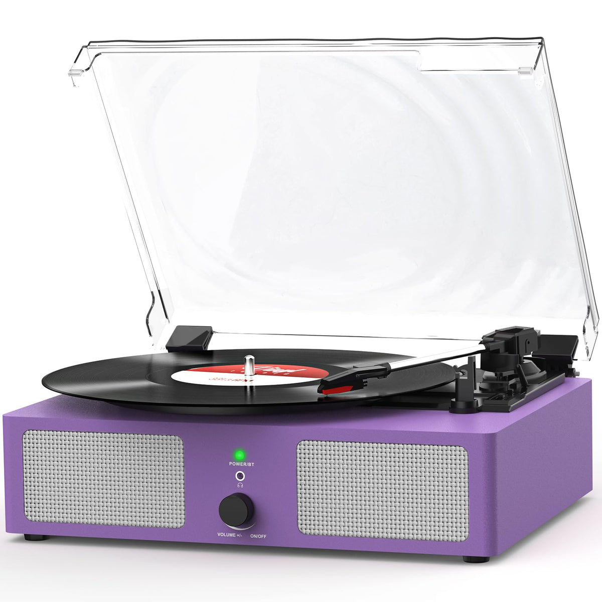 Udreamer front view purple turntable showing vintage wooden case and platter for stylish audio
