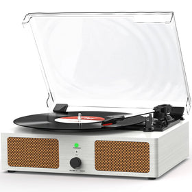 Udreamer front view of vintage turntable showing built-in speakers and controls