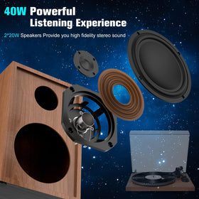 Udreamer turntable showing 40W speakers for room-filling audio.