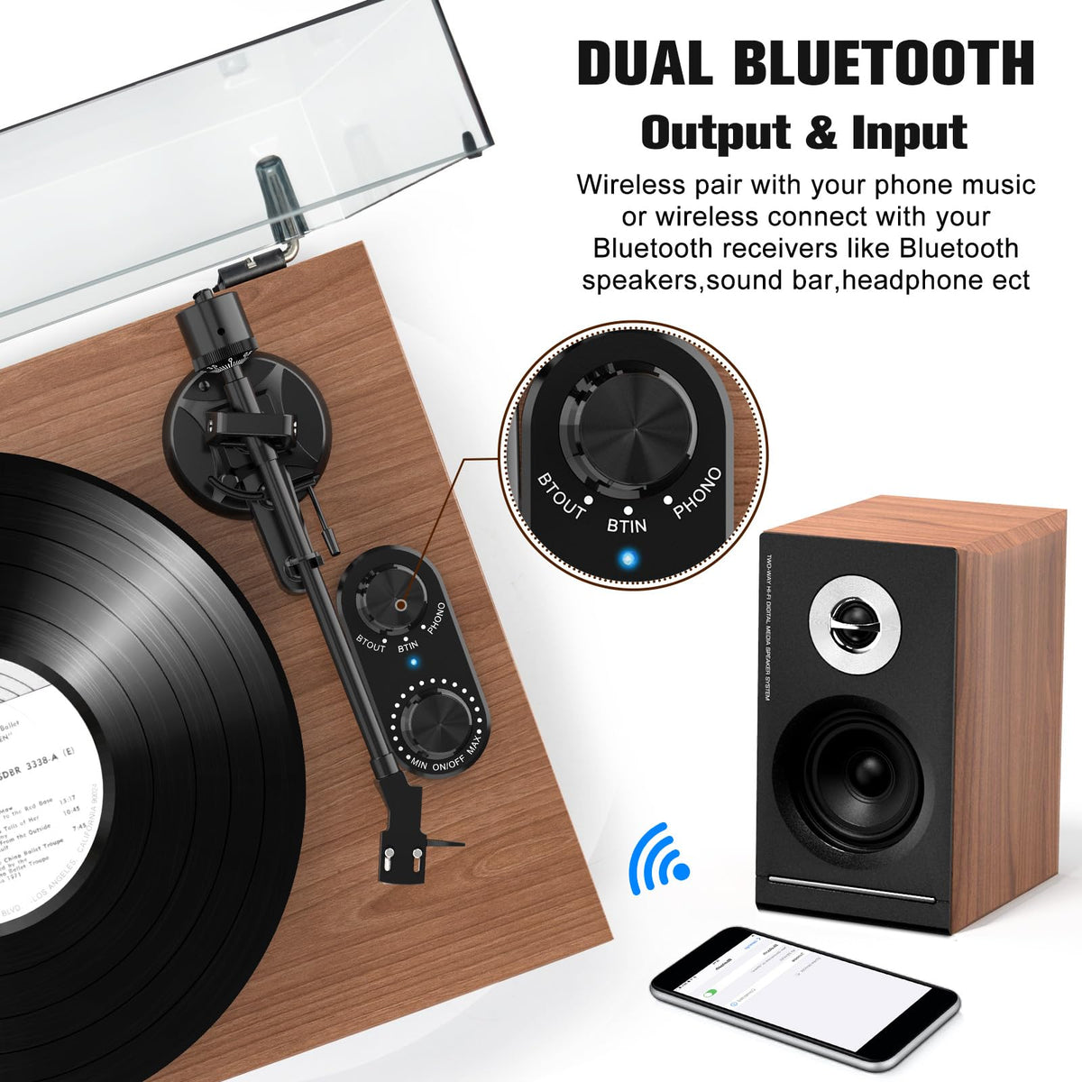 Udreamer Bluetooth-enabled turntable for wireless streaming and device pairing.
