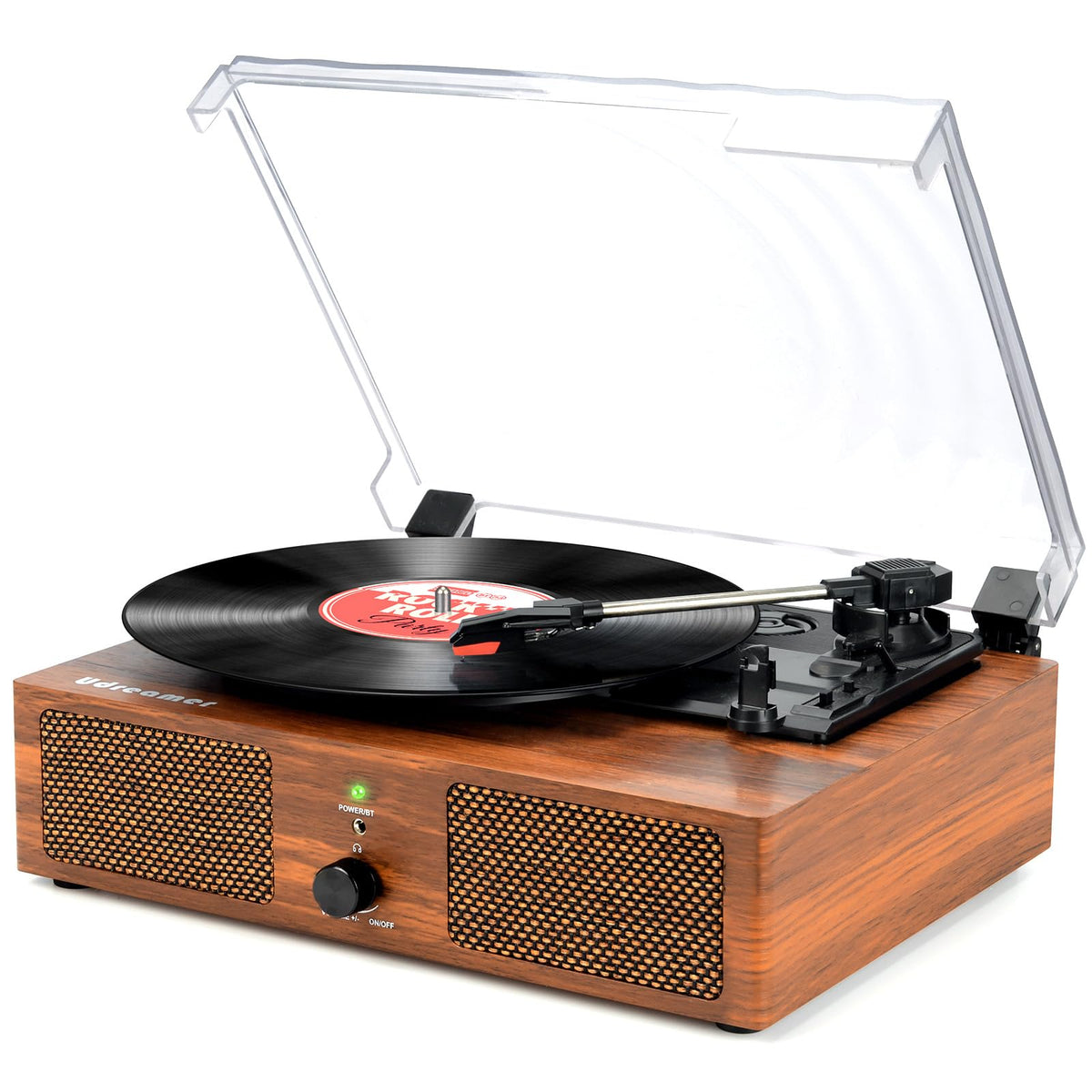 Udreamer UD-001 vinyl turntable with built-in speakers for rich stereo sound.