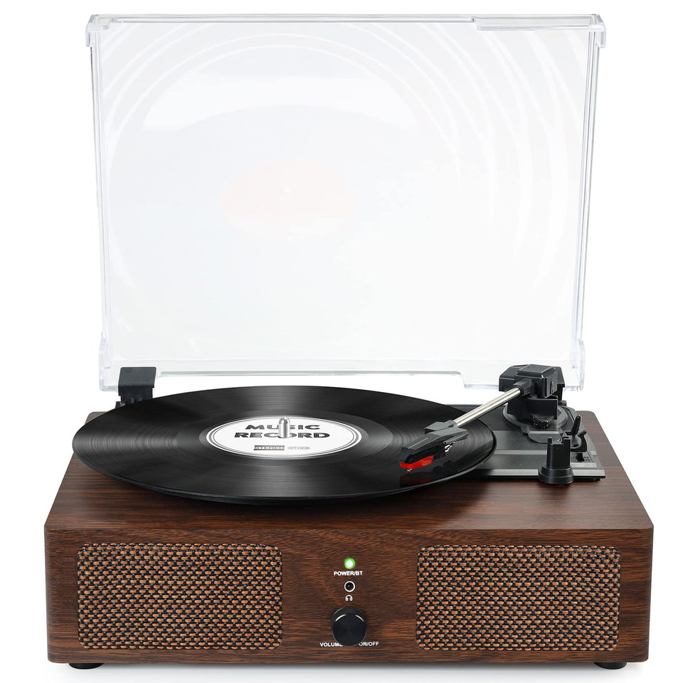 Udreamer front view showing wooden turntable and speakers for ready-to-play convenience
