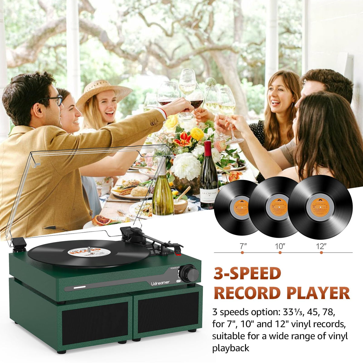 Udreamer 3-speed belt drive supports 33, 45, and 78 RPM records clearly.