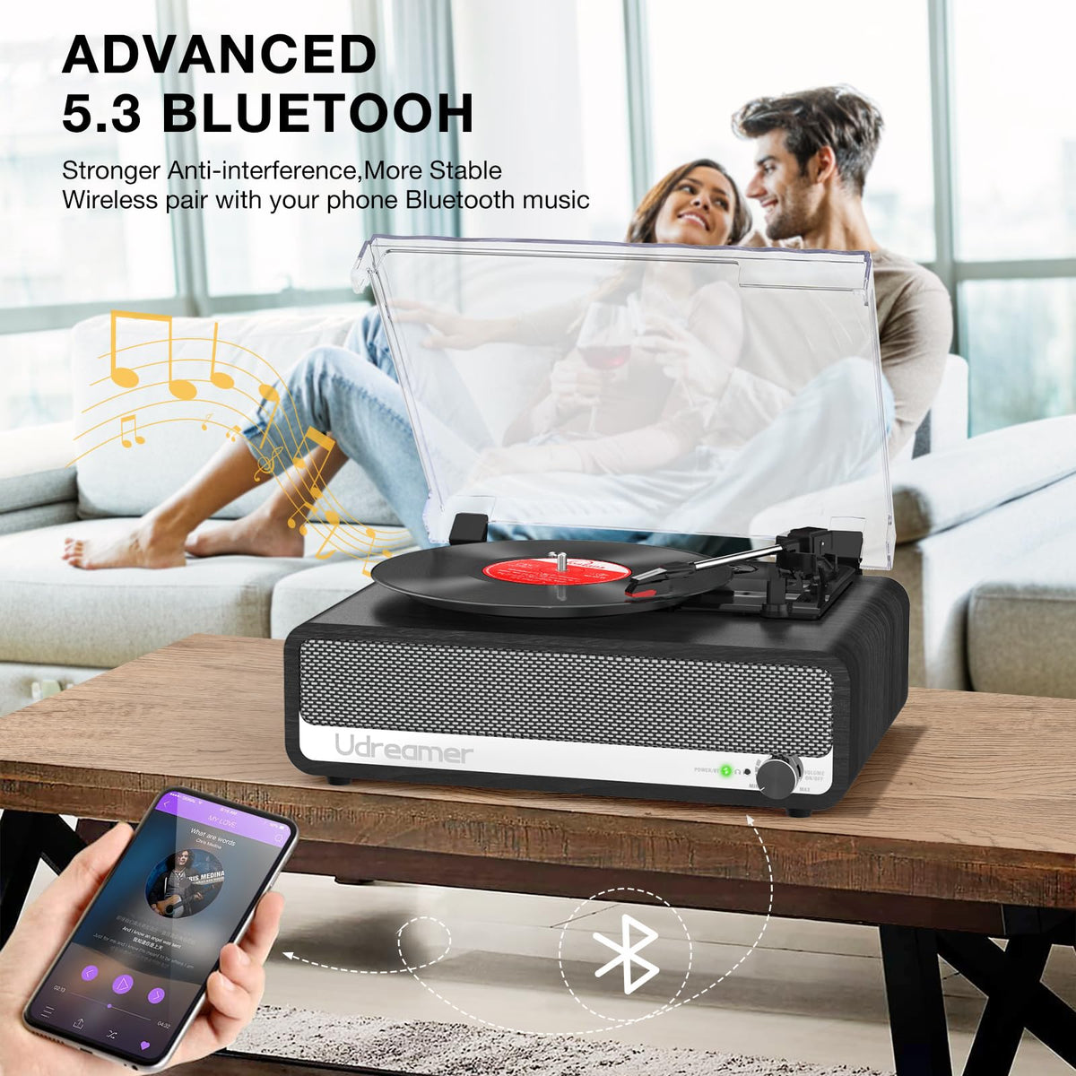 Udreamer vinyl player 3-speed turntable supports 33, 45, and 78 RPM.