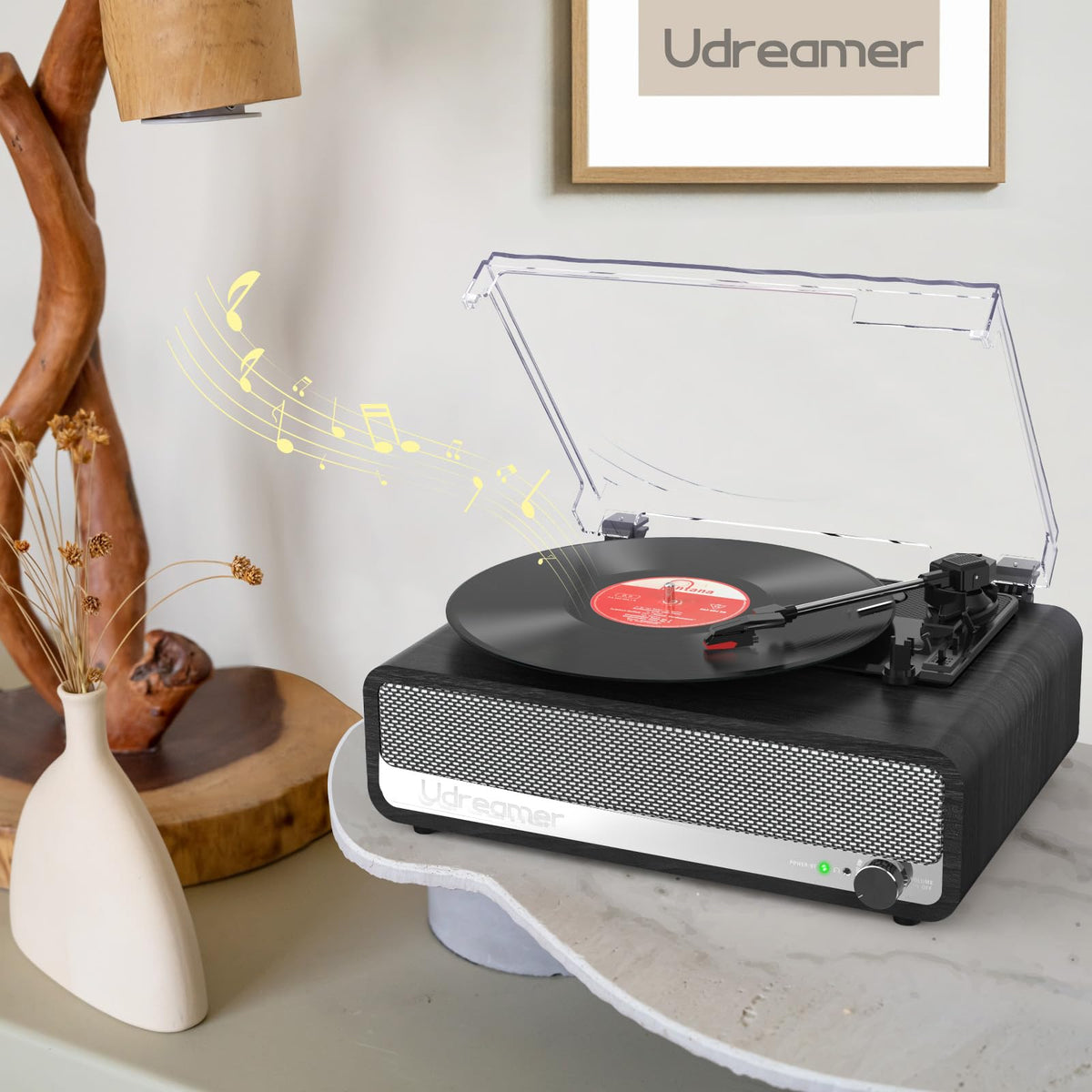 Udreamer vinyl player supports 7 10 12 inch records with a 45 RPM adapter.