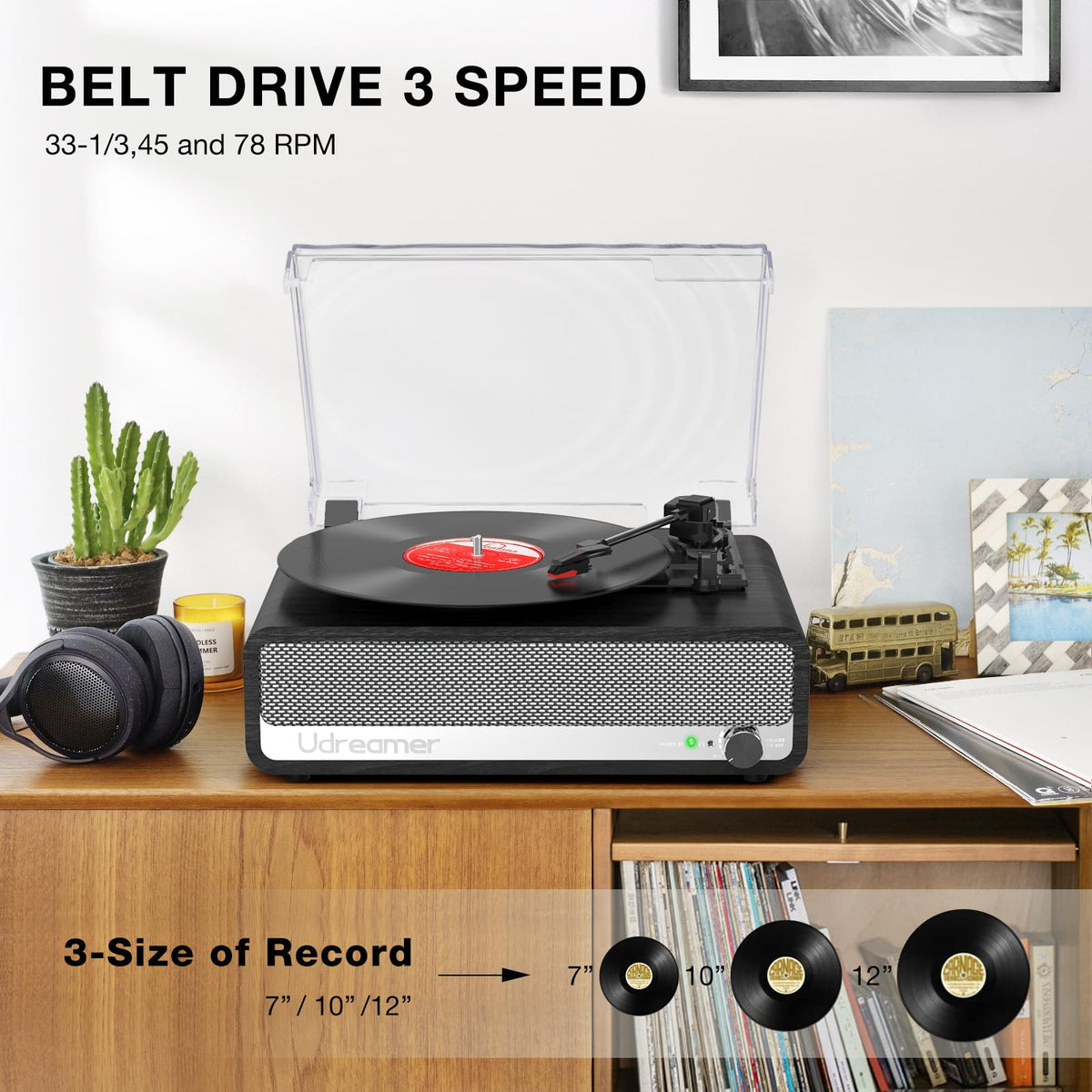 Udreamer vinyl player auto-stop helps protect records during playback.