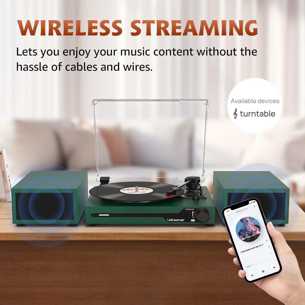 Udreamer vinyl player with Bluetooth 5.3 enables wireless music streaming.