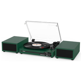 Udreamer vinyl player with dual speakers provides rich, portable audio for home use.