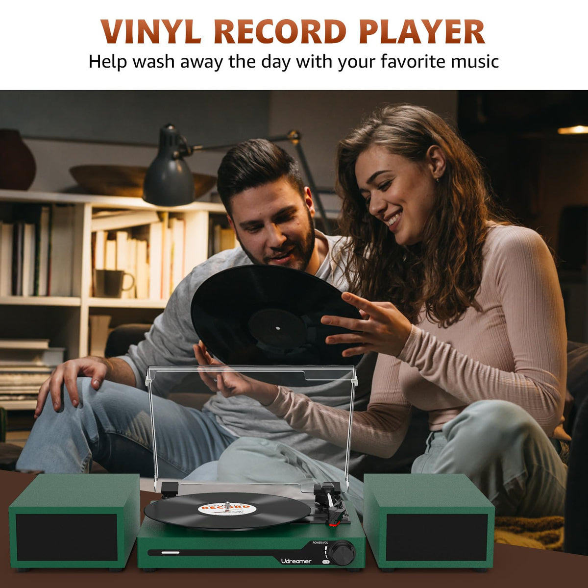 Udreamer vinyl player on table demonstrates portable use in different spaces.
