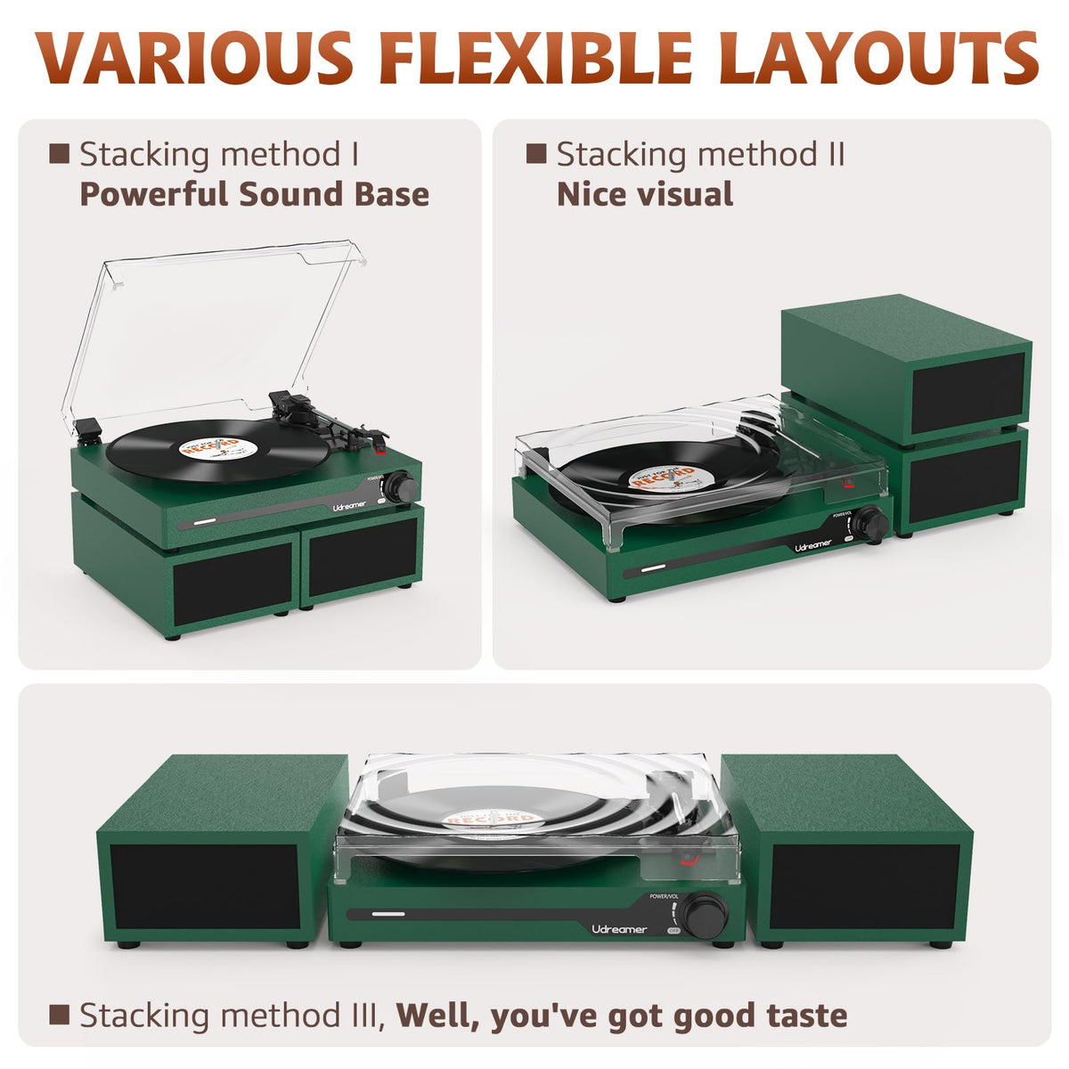 Udreamer vinyl player with built-in speakers ready to play on table setup.