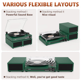 Udreamer vinyl player with built-in speakers ready to play on table setup.