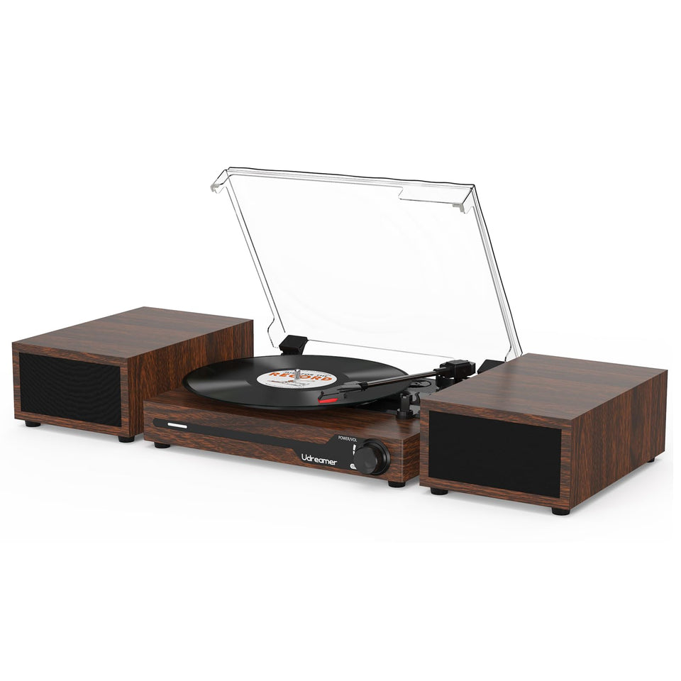 Udreamer vinyl turntable top view highlighting portable design for easy placement