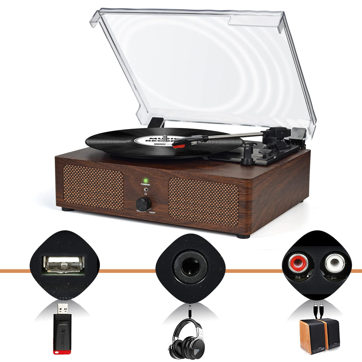 Udreamer with dust cover open protecting record from dust while allowing playback