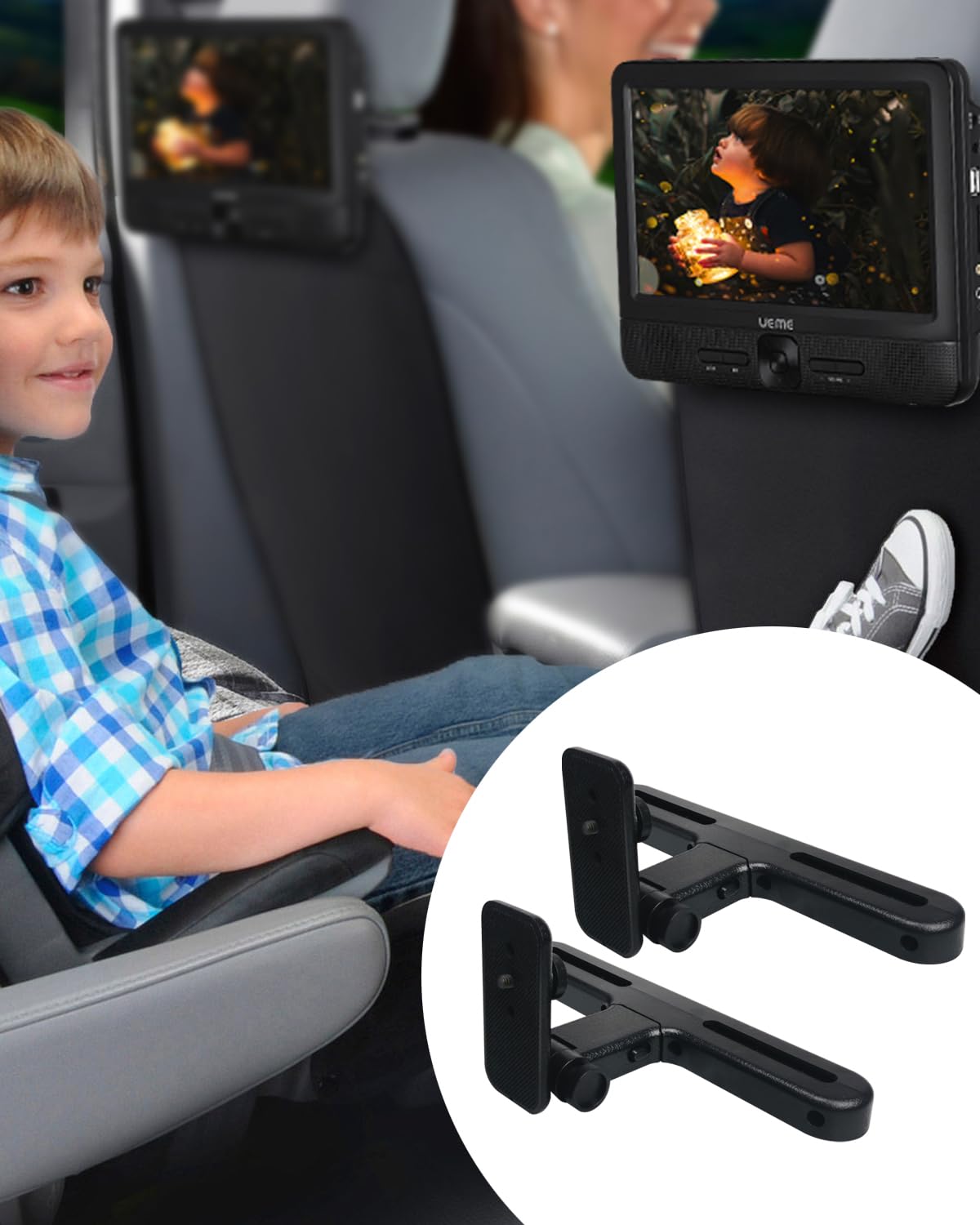 UEME headrest mount with screw options adapts to various car headrest legs.