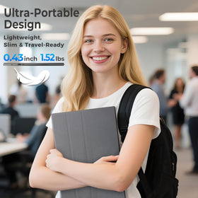 UFYQL next to a laptop to illustrate compact size and effortless portability