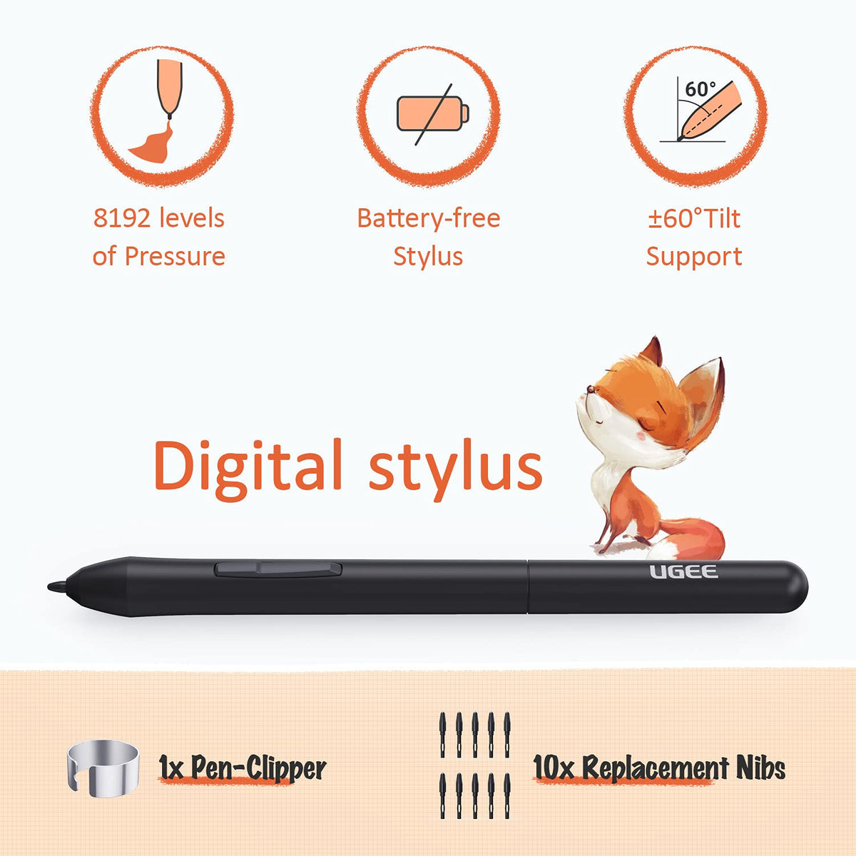 UGEE pen and spare nibs close-up showing battery-free stylus and reliable tips