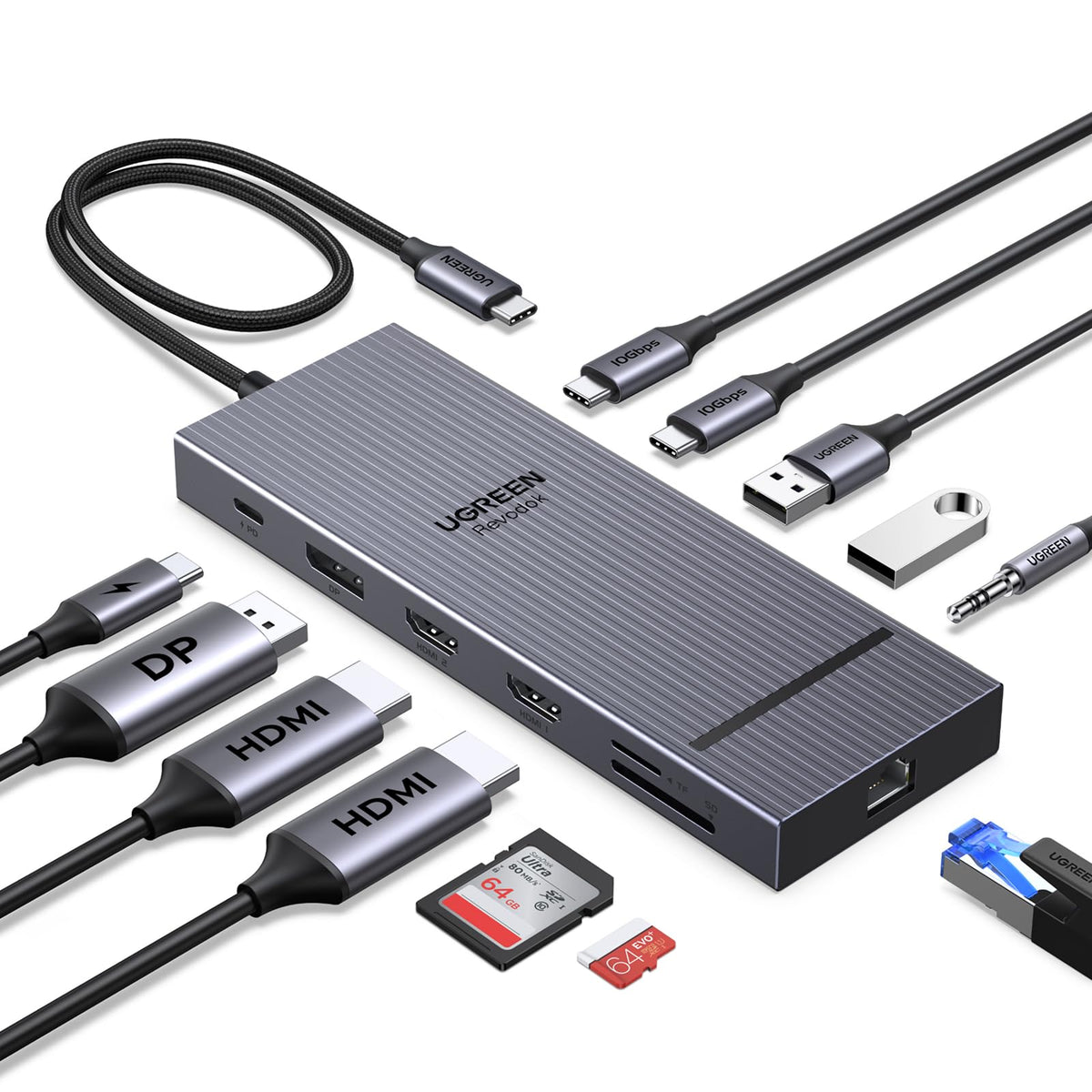 UGREEN 12-in-1 docking station front view with triple 4K outputs for multitasking