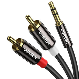 UGREEN 3.5mm to RCA cable connectors for reliable mobile-to-audio setup.