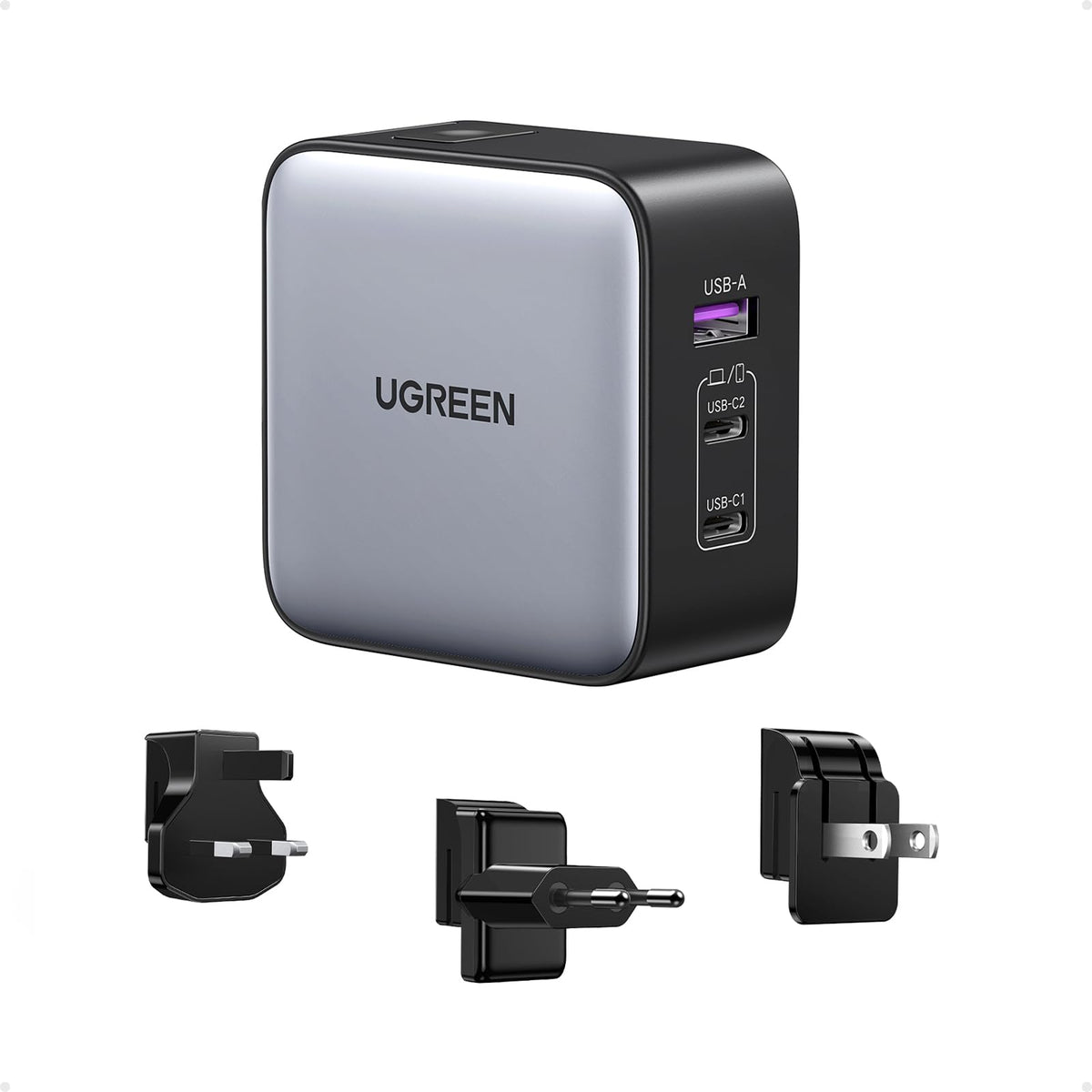 UGREEN 65W front view showing ports and compact body, fast charging benefit
