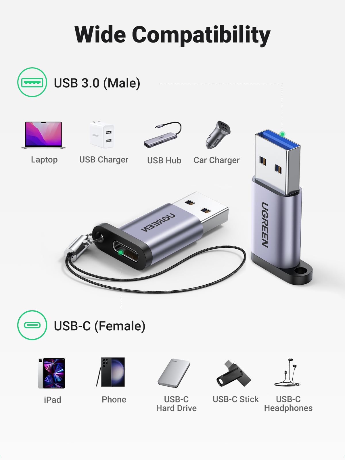 UGREEN adapter plugged into laptop USB-A port enabling device connectivity