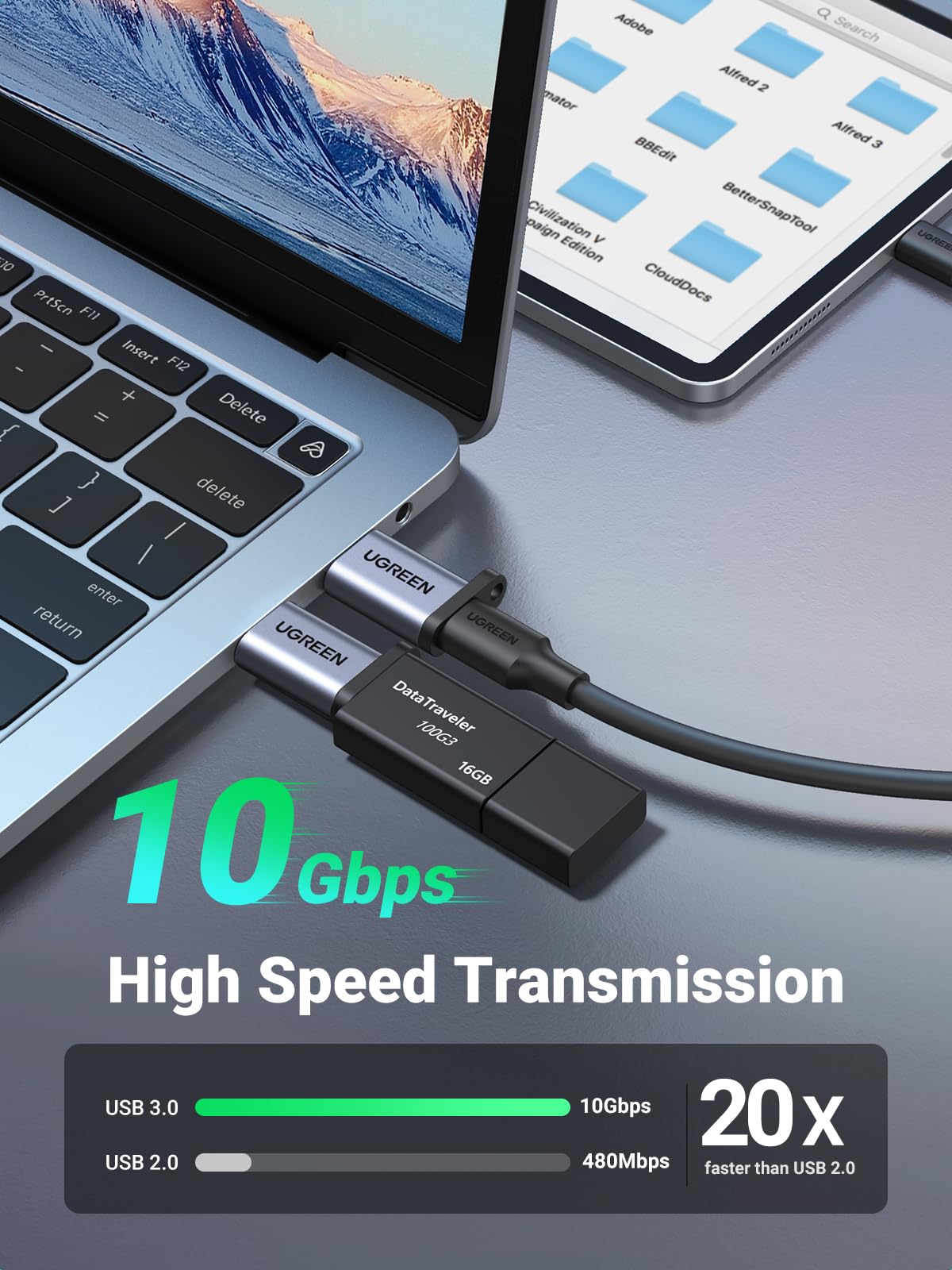 UGREEN adapter side profile highlighting aluminum housing for durability