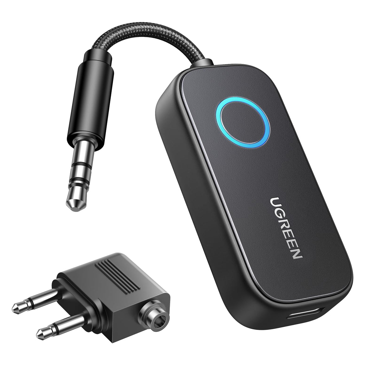 UGREEN Airplane Bluetooth Transmitter in TX mode connects wireless headphones for flight listening