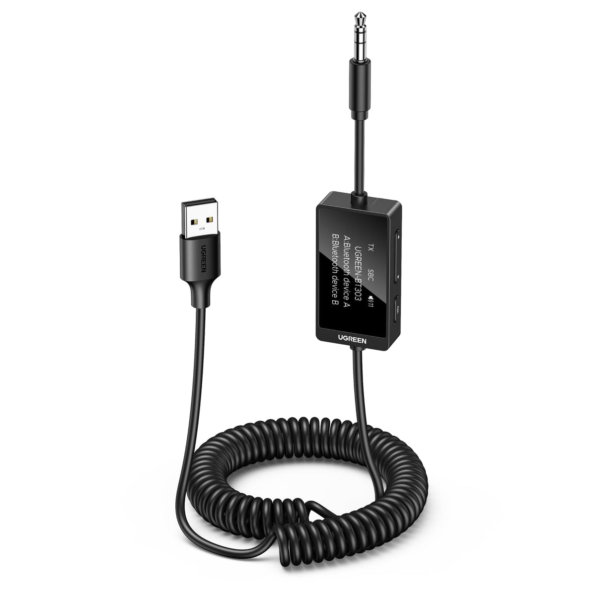 UGREEN Bluetooth 5.4 transmitter-receiver front view showing dual-mode flexibility.