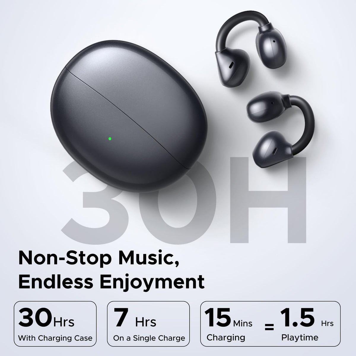 UGREEN ClipBuds charging case open with earbuds showing long battery life