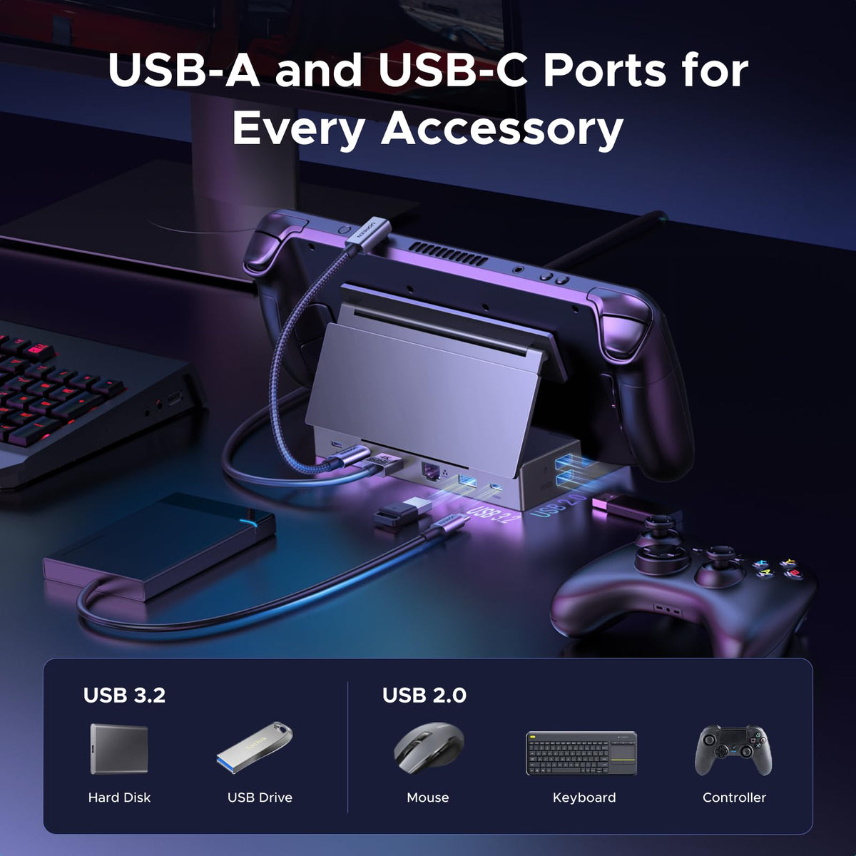 UGREEN dock with handheld on stand illustrating cooling and charging benefit