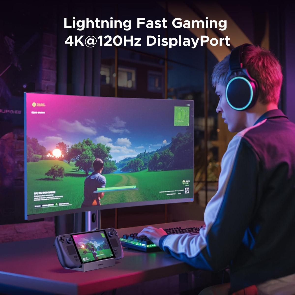 UGREEN dock connected to DP monitor delivering 4K@120Hz gaming visuals